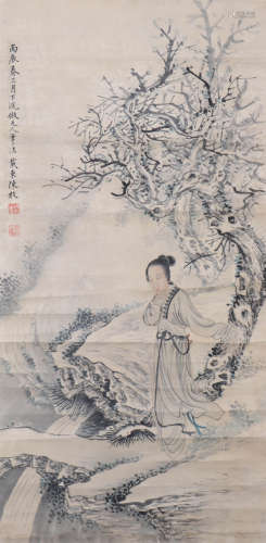 A Chinese Figure Hanging Scroll Painting, Chenmei Mark