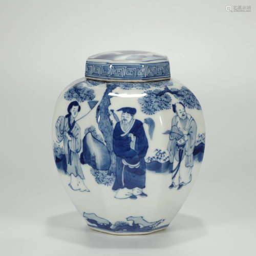 A Blue and White Eight Immortals Porcelain Jar and Cover