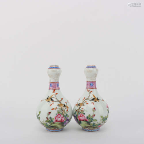 A Pair of Enamel Bird and Flower Porcelain Vases 