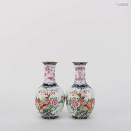 A Pair of Enamel Bird and Flower Porcelain Vases 