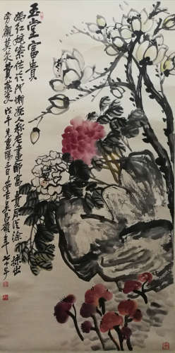 A Chinese Flower-and-plant Hanging Scroll Painting, Wu Changshuo Mark