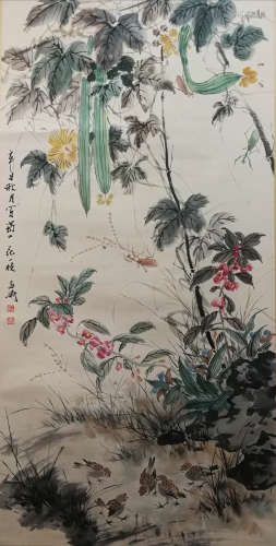 A Chinese Bird-and-flower Hanging Scroll Painting, Wang Xuetao Mark