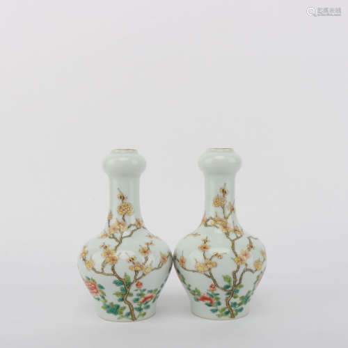 A Pair of Enamel Flower Porcelain Vases