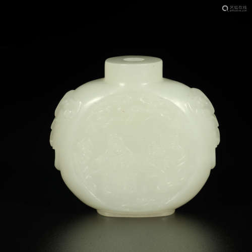 A White Hetian Jade Carved Figure Inscribed Snuff Bottle