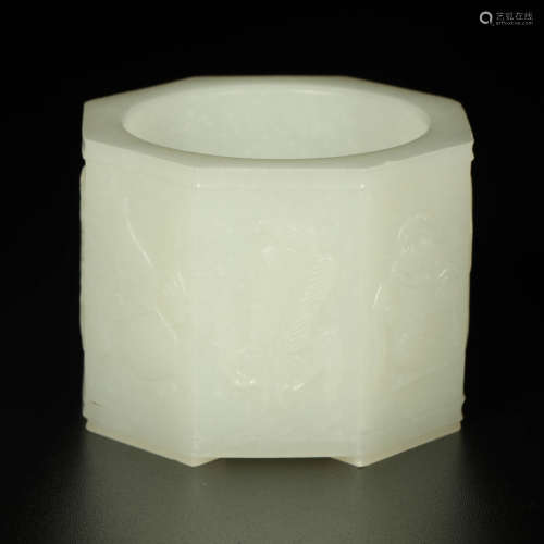 A Eight Immortals Carved White Jade Octagonal Brush Washer