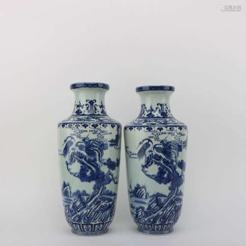 A Pair of Blue and White Pine and Crane Porcelain Vases 