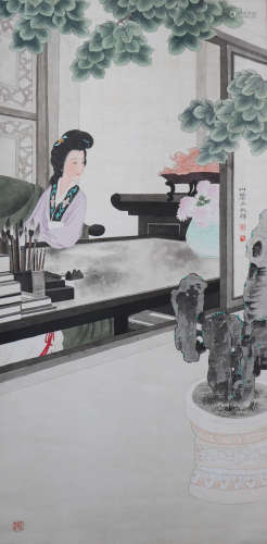 A Chinese Figure Hanging Scroll Painting, Wang Shuhui Mark
