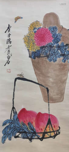 A Chinese Flowers Painting Scroll, Qi Baishi Mark