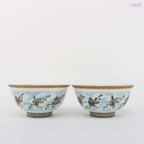 A Pair of Blue and White Eight Treasures Porcelain Bowls