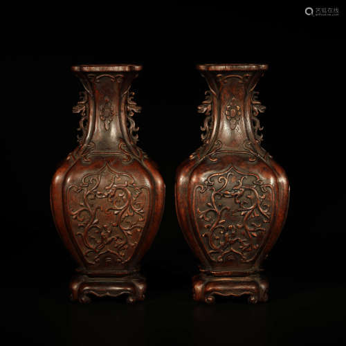 A Pair of Dragon Carved Eaglewood Vase