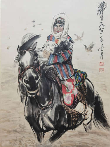 A Chinese Figure Hanging Scroll Painting, Huangzhou Mark
