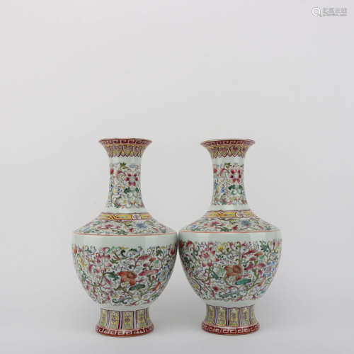 A Pair of Famille Rose Flower Porcelain Vases 