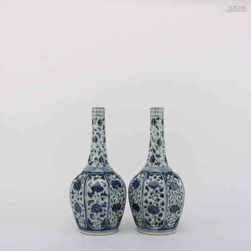 A Pair of Blue and White Flower Porcelain Vases 