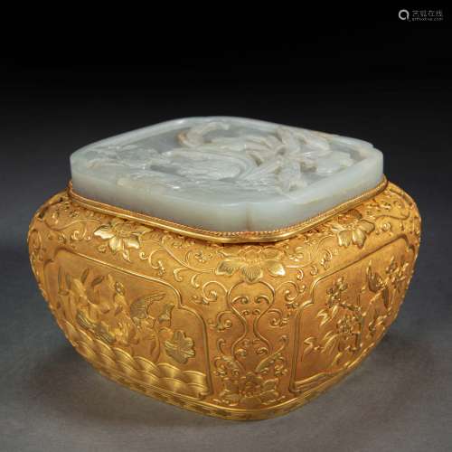 CHINESE PURE GOLD HETIAN JADE JEWELRY BOX WITH COVER