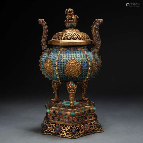 CHINESE GILT SILVER INLAID GEMSTONE INCENSE BURNER