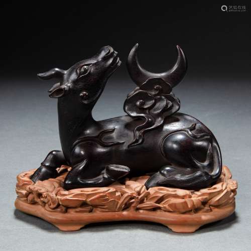CHINESE  ROSEWOOD CARVED RHINO LOOKING AT THE MOON