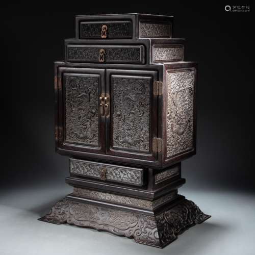 CHINESE  RED SANDALWOOD CARVED DRAGON CABINET