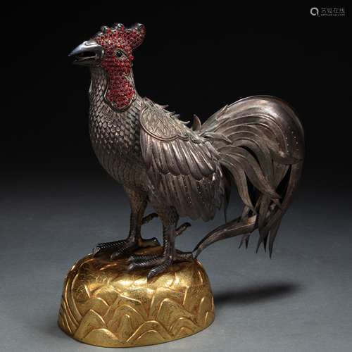 CHINESE SILVER GILT ROOSTER INCENSE BURNER