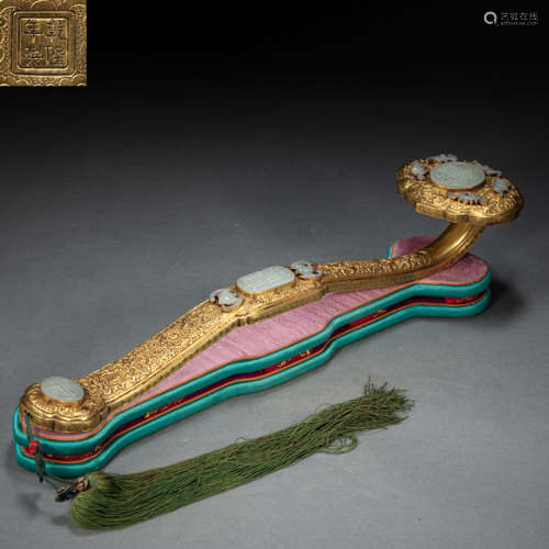 CHINESE GILT BRONZE INLAID WITH HETIAN JADE RUYI