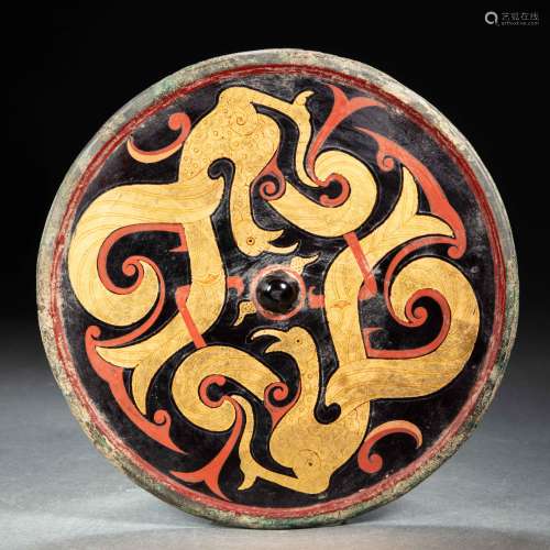 CHINESE BRONZE MIRROR INLAID LACQUER AND GOLD