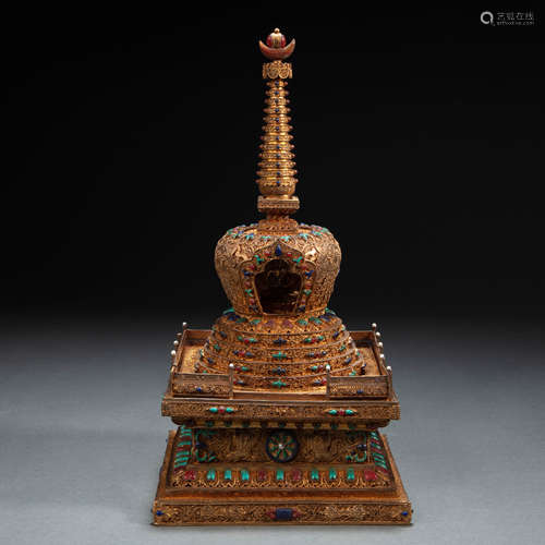 CHINESE SILVER GILT FILIGREE INLAID GEM STUPA