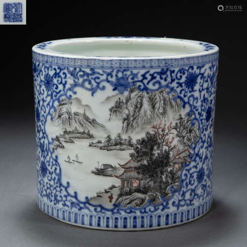 CHINESE BLUE AND WHITE PORCELAIN PEN HOLDER