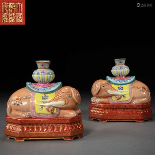 A PAIR OF  CHINESE PORCELAIN ELEPHANT SHAPED CANDLESTICKS