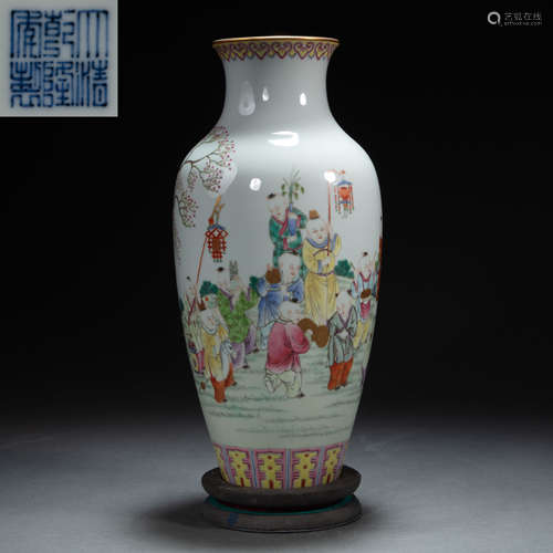 CHINESE FAMILLE ROSE PORCELAIN CHILDREN'S PLAY VASE