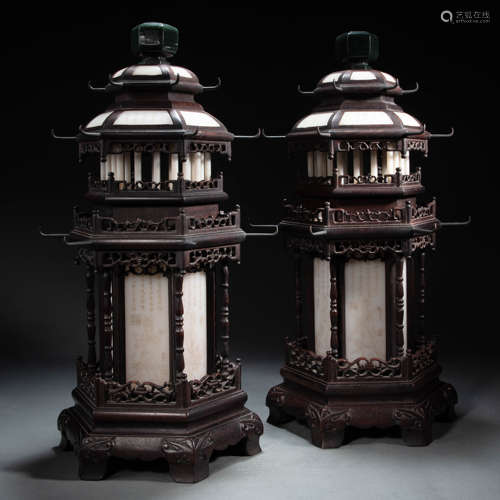 A PAIR OF  CHINESE RED SANDALWOOD INLAID WHITE JADE PALACE LAMPS