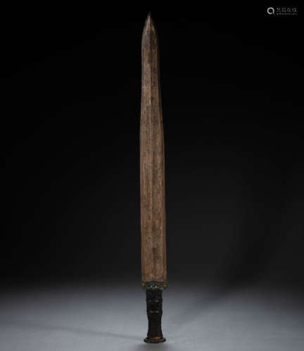 CHINESE BRONZE INLAID GOLD AND SILVER SWORD