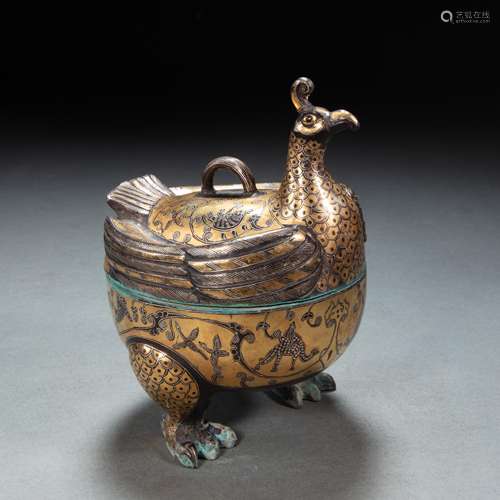 CHINESE BRONZE AND GOLD AND SILVER BIRD SHAPED INCENSE BURNER