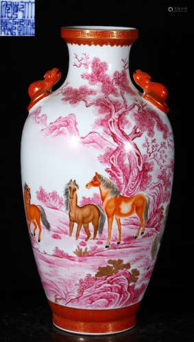 QIANLONG MARK CARMINE RED GLAZE HORSE PATTERN VASE