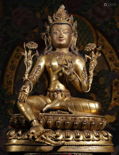 GILT BRONZE WITH GEM TARA BUDDHA STATUE