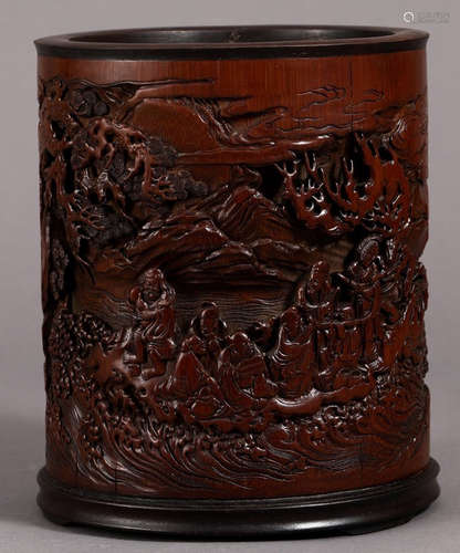 BAMBOO CARVED FIGURE STORY PATTERN BRUSH POT