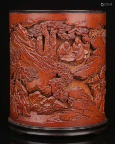 BAMBOO CARVED FIGURE STORY PATTERN BRUSH POT