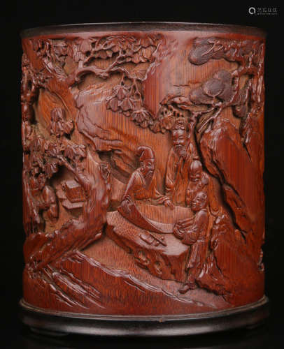 BAMBOO CARVED FIGURE STORY PATTERN BRUSH POT