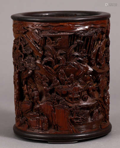 BAMBOO CARVED FIGURE PATTERN BRUSH POT