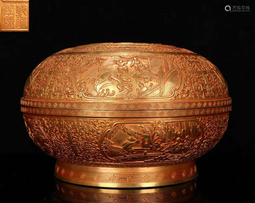 QIANLONG MARK GILT BRONZE FIGURE PATTERN BOX