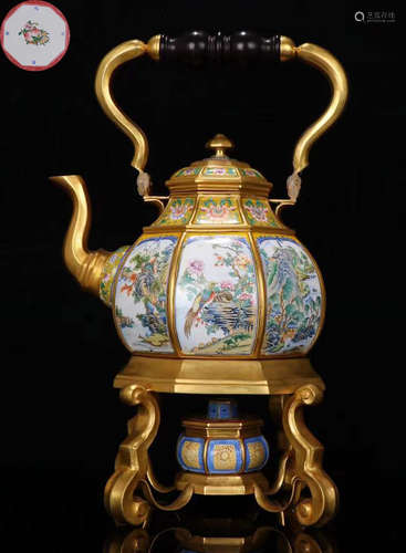 QIANLONG MARK GILT BRONZE LANDSCAPE PATTERN POT