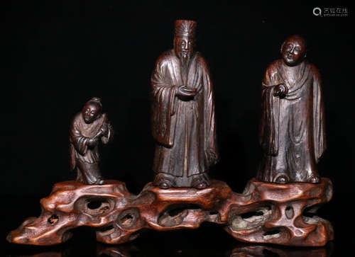 SET OF ZICHANG MARK CHENXIANG WOOD FIGURE STATUES