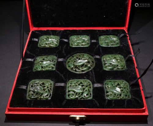 SET OF HETIAN JASPER LOTUS PATTERN PENDANTS