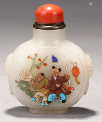 HETIAN JADE WITH GEM CHILD PATTERN SNUFF BOTTLE