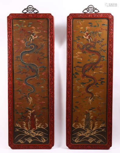 PAIR OF LACQUER DRAGON PATTERN SCREENS
