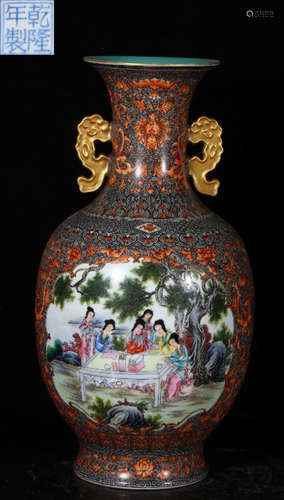 QIANLONG MARK ENAMELED GLAZE FIGURE PATTERN VASE