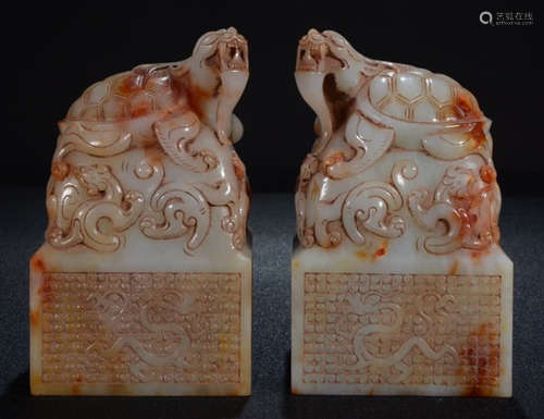 PAIR OF ANTIQUE JADE BEAST SEALS