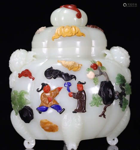 HETIAN JADE CENSER EMBEDDED WITH GEM