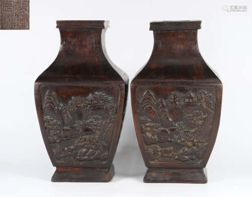 PAIR OF CHENXIANG WOOD VASE CARVED WITH STORY