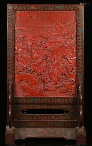 RED LACQUER SCREEN CARVED WITH STORY