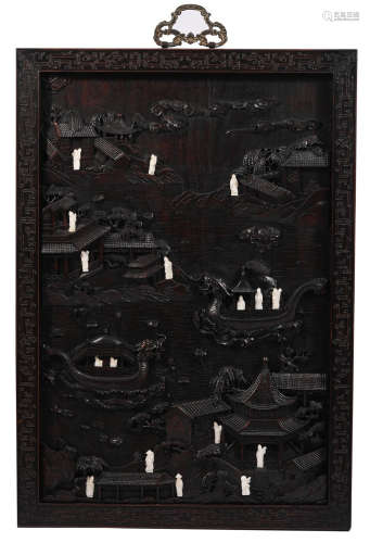ZITAN WOOD SCREEN CARVED WITH LANDSCAPE