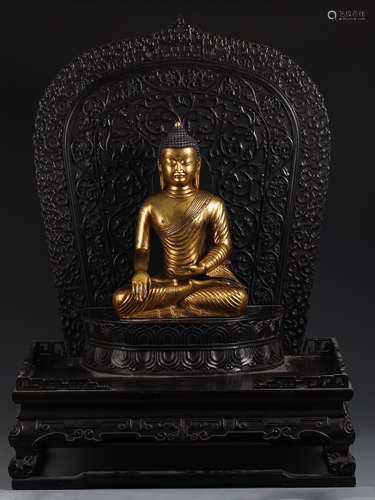 GILT BRONZE SAKYAMUNI BUDDHA WITH ZITAN PAGODA